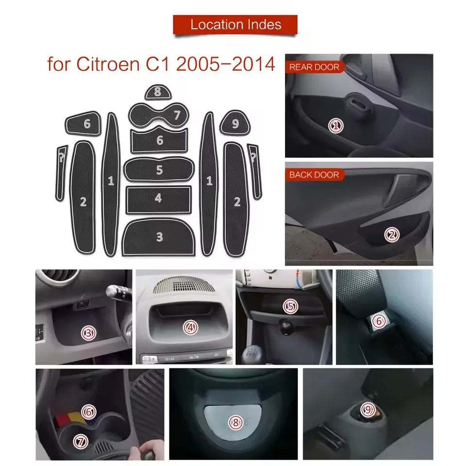 for Citroen C1 2005 - 2014 Anti-Slip Gate Slot Cup Mat Door Groove Pad Non-Slip Mats Coasters Car Interior Accessories