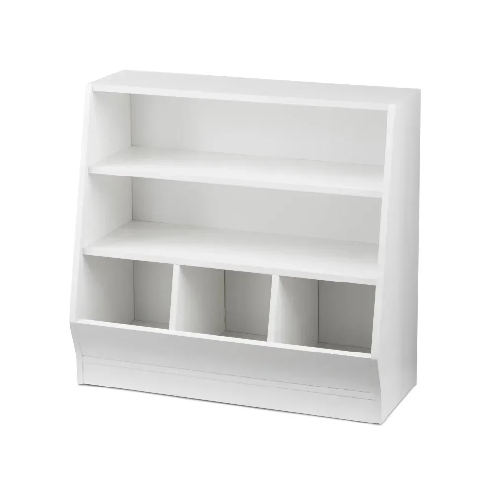 Kids Bin Storage and Two Shelf Bookcase, White Book Case for Playroom Bedroom