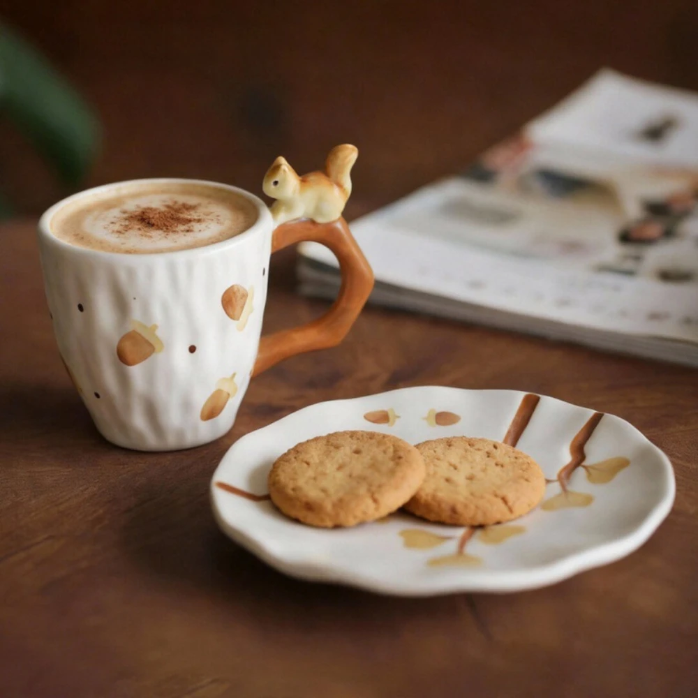 300ml Autumn Style Hand Painted Acorn Ceramic Tea Cup With Saucer 3D Squirrel Decor Cute Porcelain Mug Set
