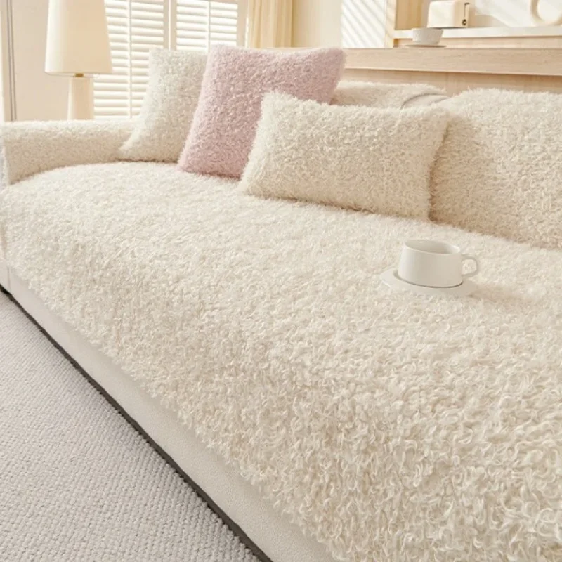 Long Plush Sofa Cushion Winter Thick Warm Plush Pad Anti Slip Sofa Cover Dustproof Firmly Secured Without Shedding Hair
