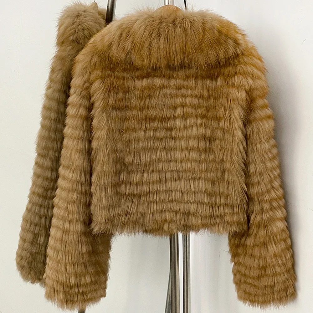 OFTBUY Neue Luxuriöse Winter-Oberbekleidung für Damen, Kurze Handgestrickte Echtfuchs-Pelzjacke mit Großem Weitem Revers, Flauschiger Kurzmantel für Damen – Detail 9