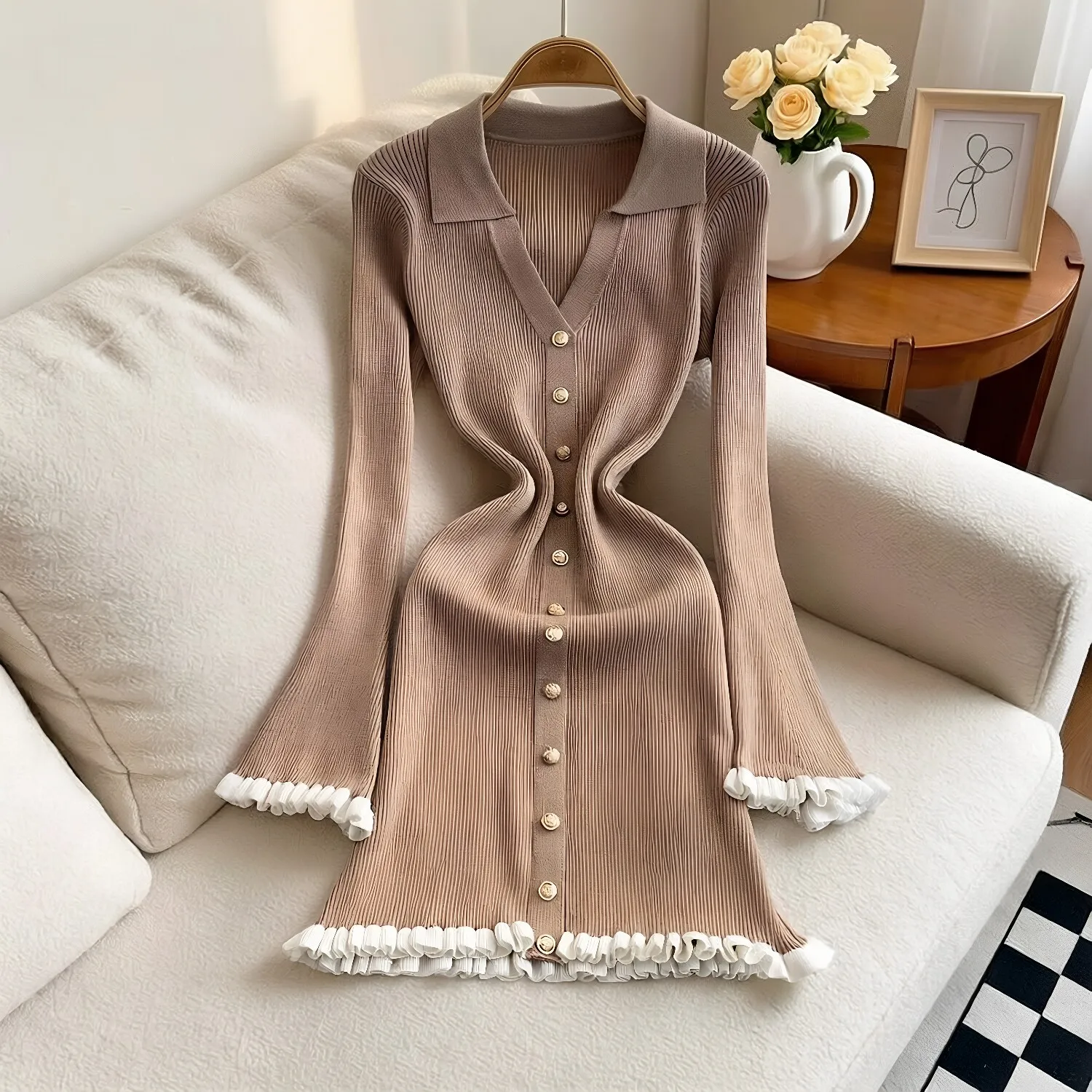 YuooMuoo Schickes Modisches Sexy Figurbetontes Strick-Minikleid 2026 Herbst Winter Vintage Gerüschtes Hemdkleid Damen Party Vestidos – Detail 10