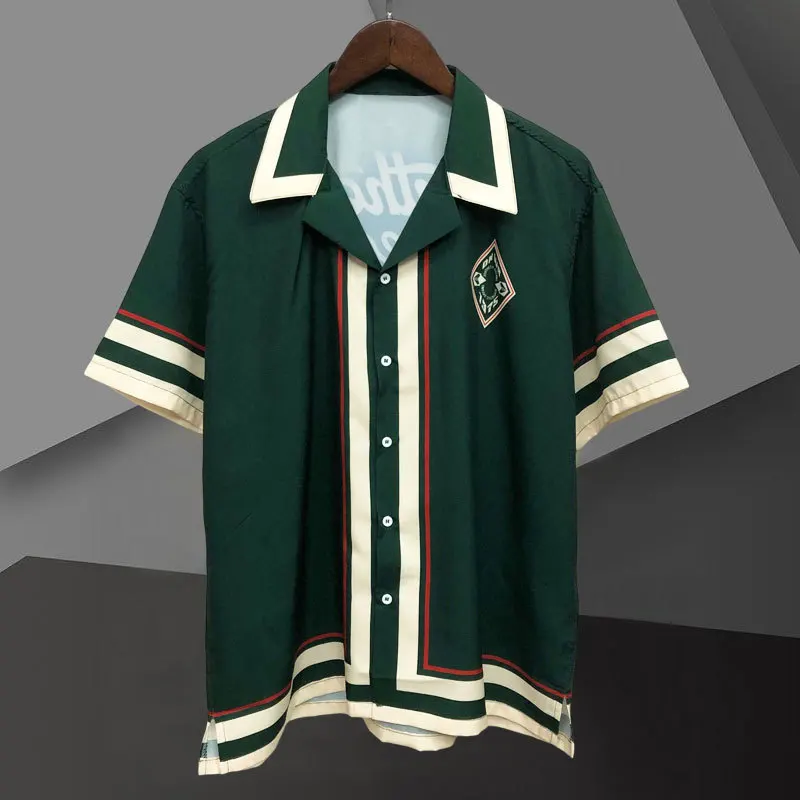 Green Contrasting Color Retroletter Print Shirt Short Sleeve Casual Men Shirt Streetwear Camisa  Masculina Shirt Moda Hombre