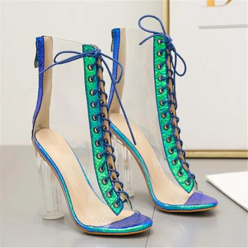 PVC Women\'s shoes transparent sandals cross lace fish mouth sandals 11cm thick heel Lace Up Round Toe