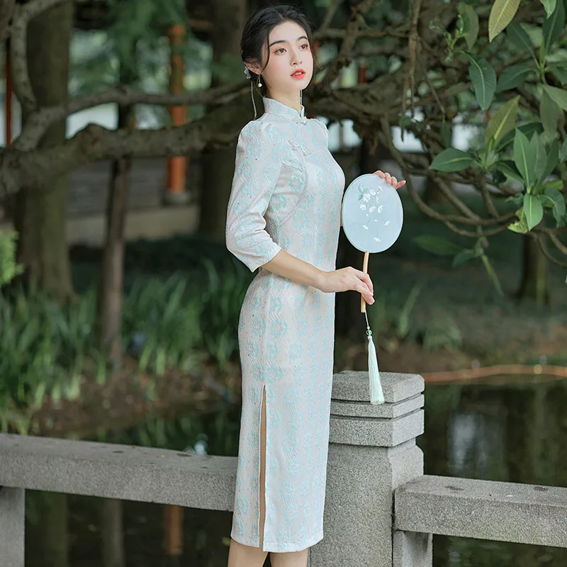 Blue Lace Patchwork Cheongsam Vintage Half Sleeve Chinese Traditional Dress Slim Female Women Long Qipao S To 3XL