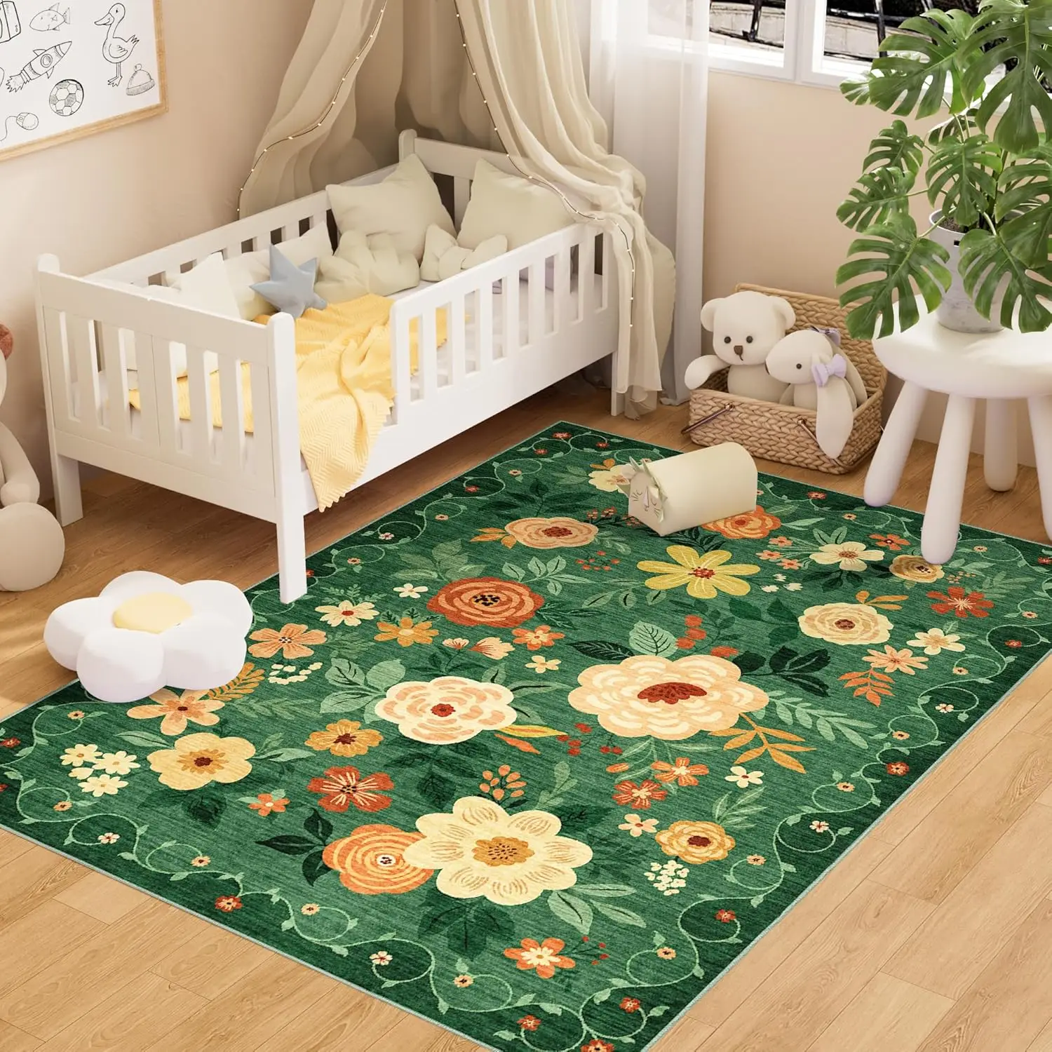 Floral Rugs for Living Room, Lightweight Non Slip Washable Rug, Indoor Low Pile & Non-Shedding Boho Design Rugs for Bedroom,