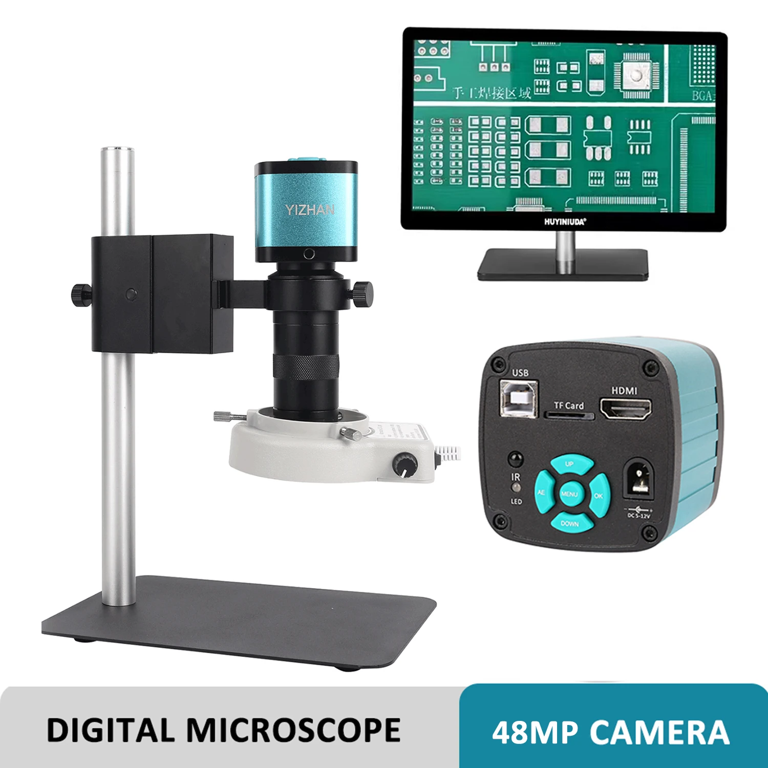 YIZHAN 4K 48MP Industrial Digital Microscope For Electronic Soldering 130X C Mount HDMI USB 60FPS Camera Led Light Phone Repair