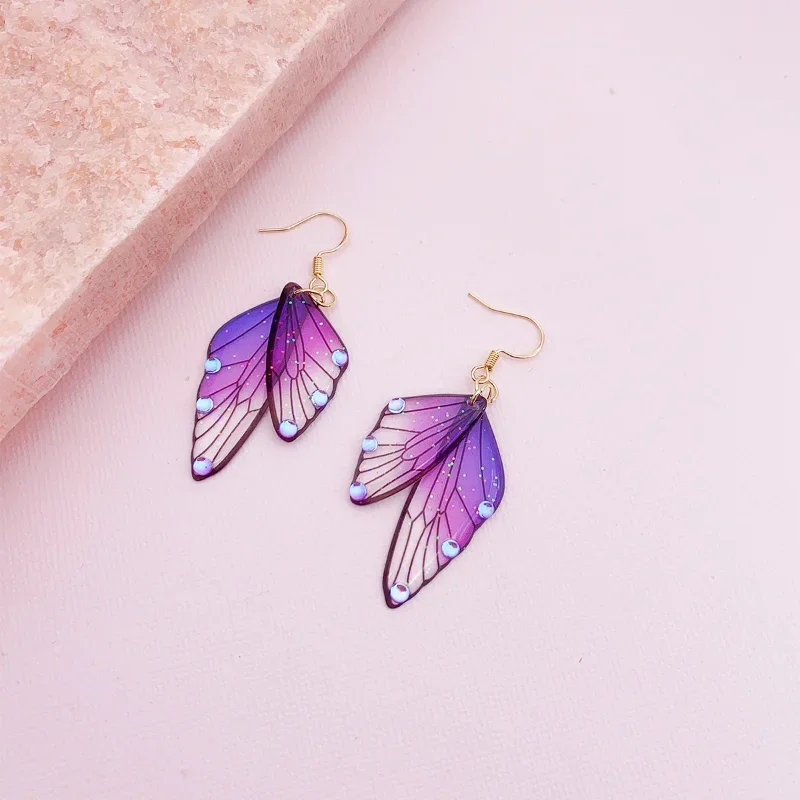 Minar Fantasy Clear Gradient Color Resin Wings Drop Earrings for Women Wholesale Copper Rhinestone Butterfly Pendant Earring