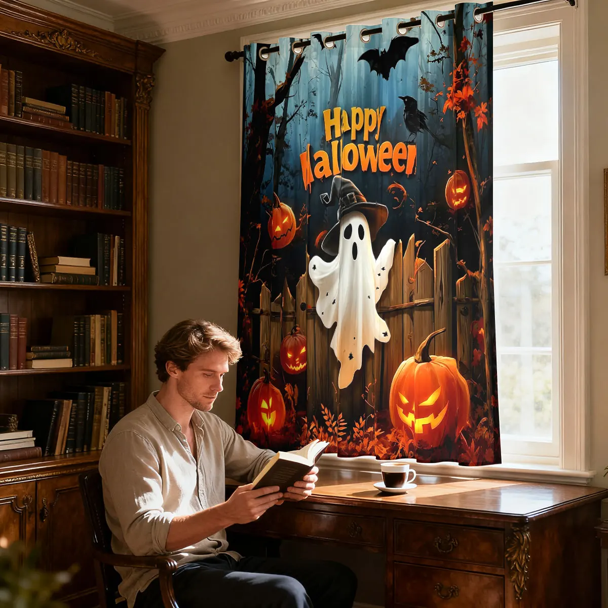 1PC Halloween Ghost Pumpkin Bat Pattern Single Loop Curtain For Living Room Bedroom Door Window Stylish Home Ornament view 5