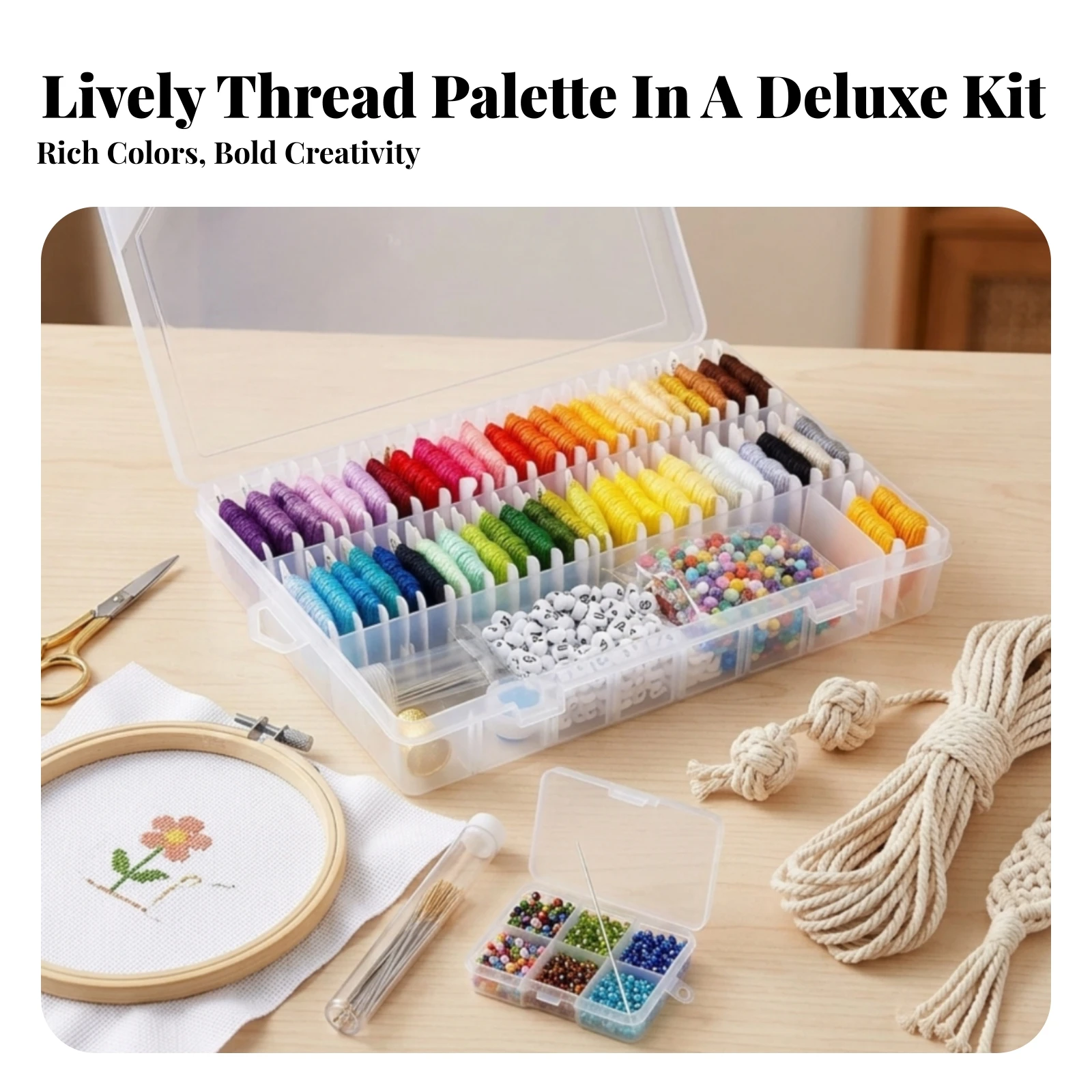 Embroidery Floss Kit with Organizer Clear Floss Organizer Craft Storage Box with Compartments Tangle-Tangle-Free for Crafters
