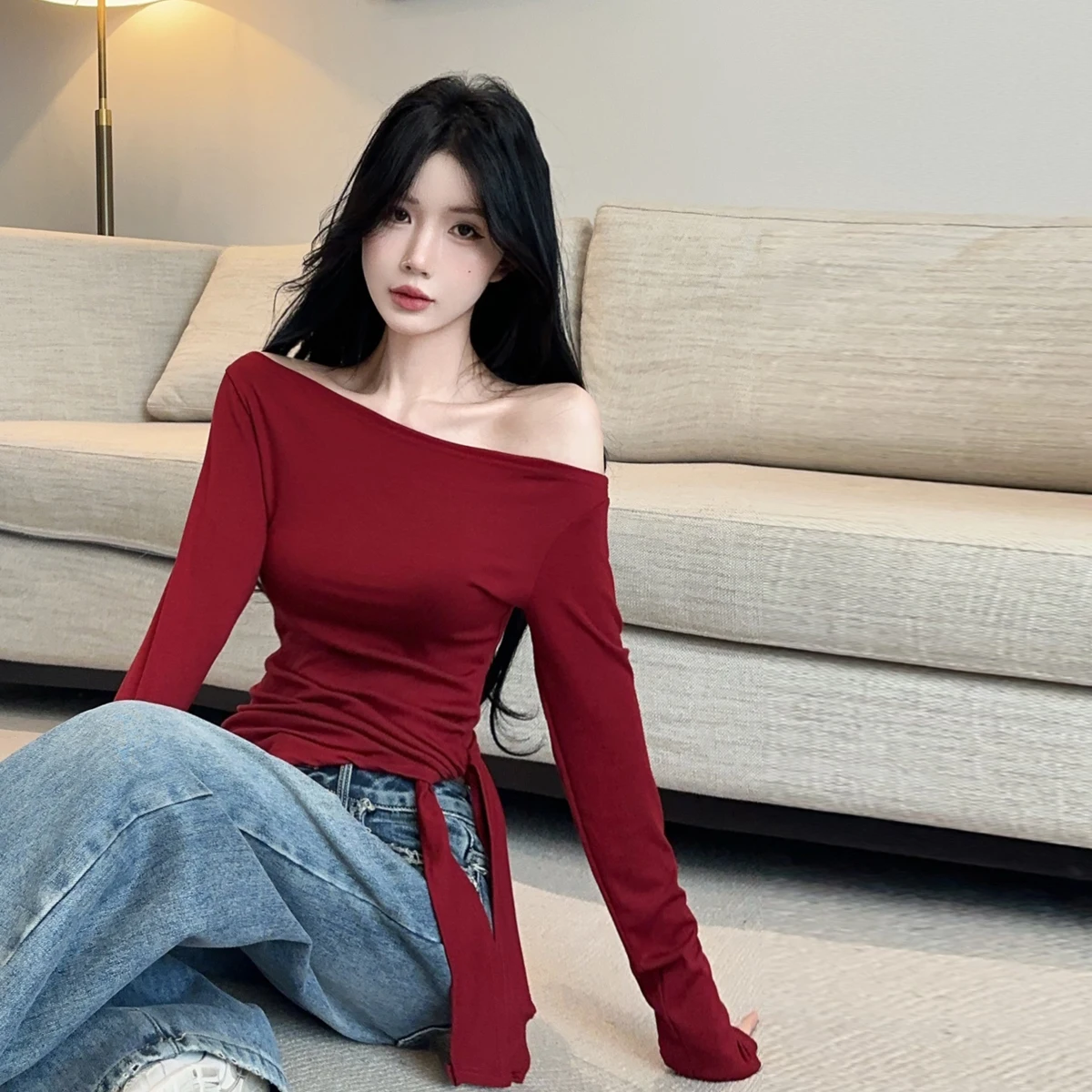 Casual Style Women's T-shirt Asymmetrical Slant Shoulder Long Sleeve Slimming Side Split Design Autumn Fashion Knitted Top