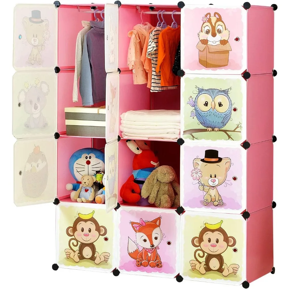

Portable Cartoon Clothes Closet DIY Storage Organizer, 8 Cubes&2 Hanging Sections, 30% Deeper Than Standard Version Wardrobes
