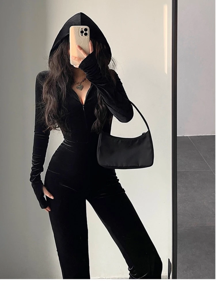 Autumn Sexy Bodycon Black Velvet Jumpsuit Women Fashion Hooded Zipper Flare Pants Rompers Vintage Y2k Streetwear Winter Outfits