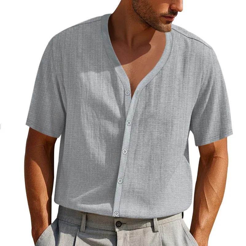 Men's Summer Shirt Light Blue Short Sleeve Loose Fit Top Gray V Neck Button Front Navy Blue White Beige Solid Color Casual