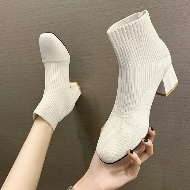 Stretch Sock Boots for Woman Square Heel Yellow Knitting Footwear Elastic Cottton Boots Lady Footwear Fashion Women\'s Shoes 2022