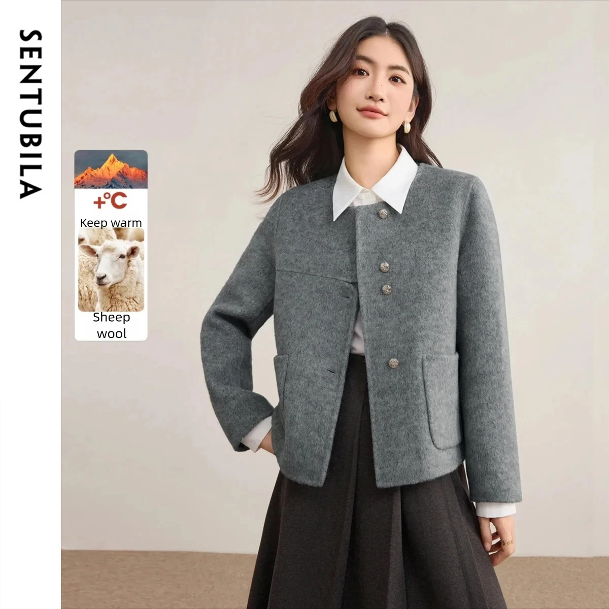 SENTUBILA Women's Wool Coat Double-Faced Wool Round Neck Long-sleeve Short Coats 2026 Winter Loose-Fit Lady Clothing W54OF8763