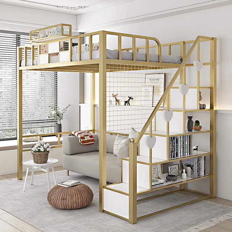 Wrought iron elevated bed, empty double-layer small apartment under the bed, space-saving pavilion bed, upper and lower bunk apa