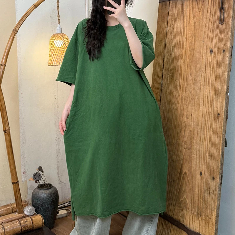 

Arts Style 25 New Arrival Summer Women Casual Loose O-neck Straight Dress Short Sleeve Good Quality Cotton Mid-calf Dresses T445