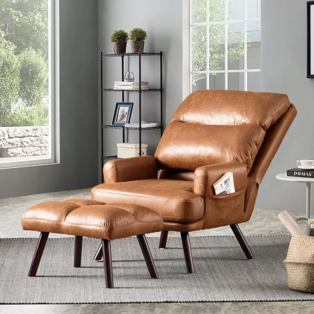 Reading Chair and Ottoman Set,Suede Faux Leather Living Room Lazy Chair Armchair Recliner Adjustable Backrest for Office