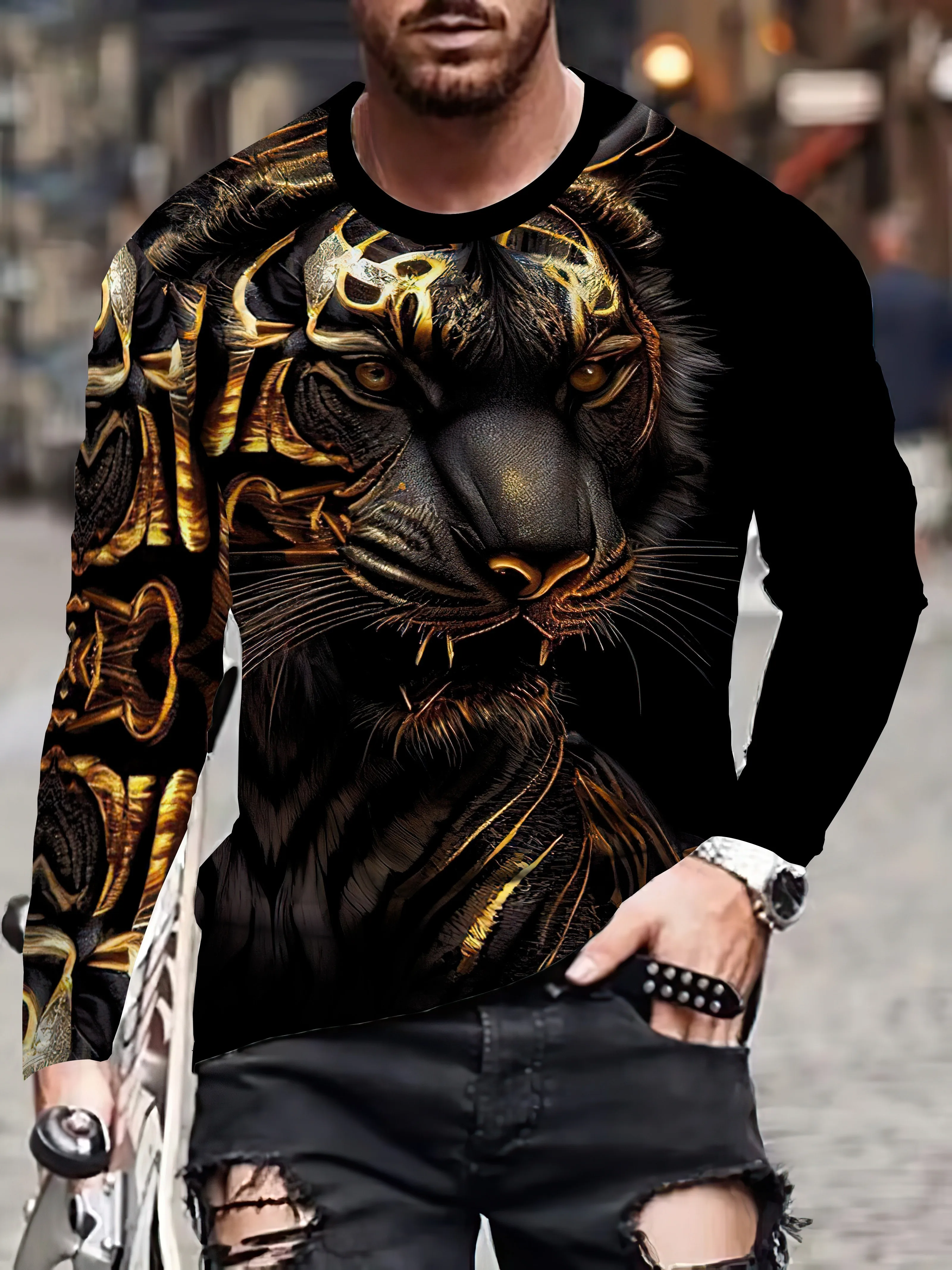 

Men'S 3D Square Print Long Sleeve Crew Neck Polyester Knit Pullover - Casual Party Wear for Spring/Fall