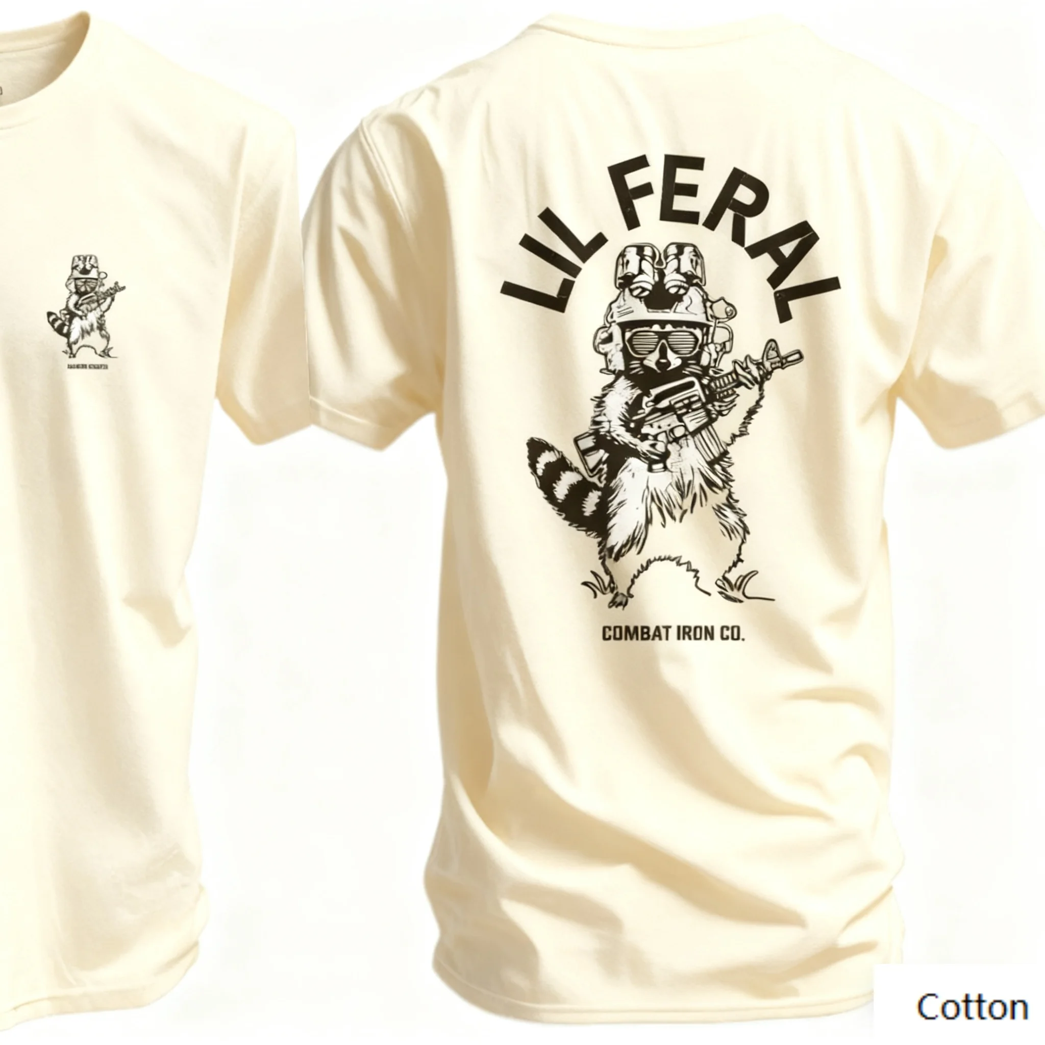 تي شيرت قطني برقبة دائرية "الراحة العسكرية": مع عين - طباعة اصطياد الراكون التكتيكي والعبارة "LIL FERAL"