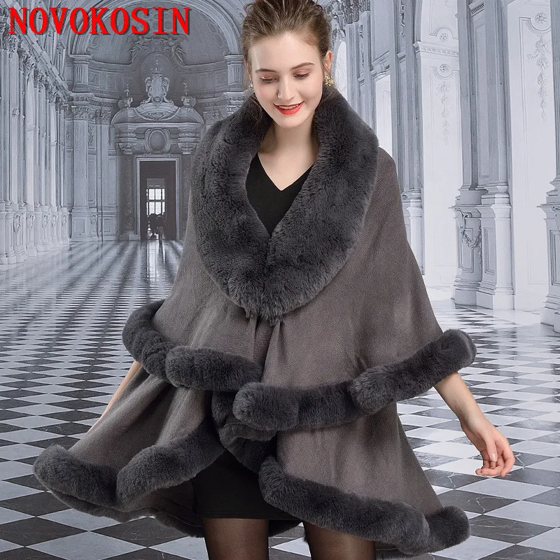 

2 Colors Women Grey Black Faux Fur Big Collar Long Cashmere Poncho Winter Warm Thick Outstreet Coat Two Layers Loose Cape Shawl