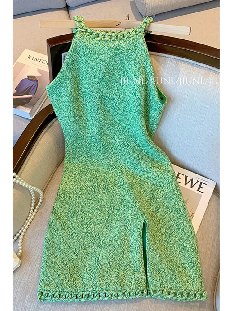 2024 Spring Women Green Wave Knitted Sleeveless Vest Dress Summer New Fashion Elegant  Party Dress Female Clothing