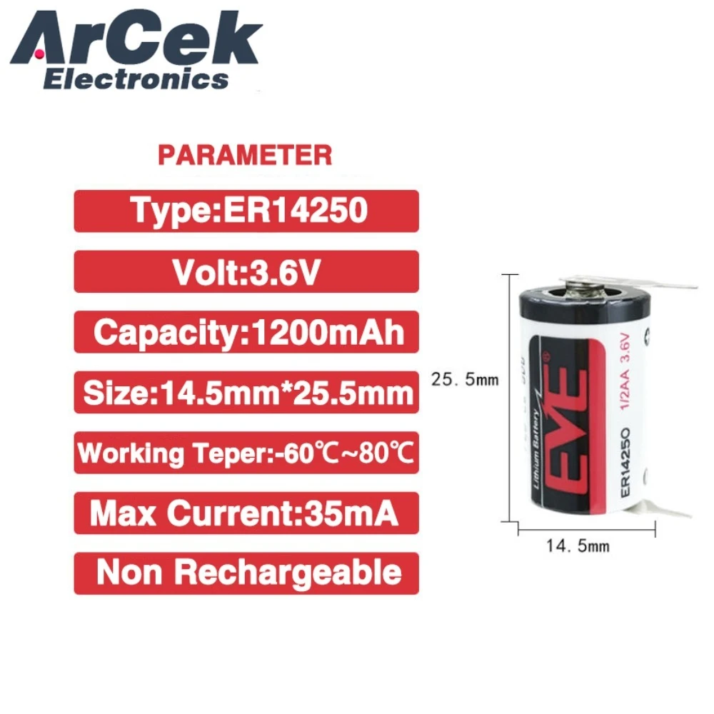 2PCS EVE ER14250 Battery with Soldered Pin 3.6V 1200mAh Tabbed LS14250 for Wireless Temperature Probe Motherboard PLC Programmer