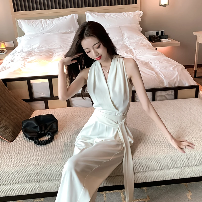 New Wide-Leg Cargo Jumpsuit Set Women, Trendy Summer Outfit, High-Waisted, Slimming, Elegant, Draped, White