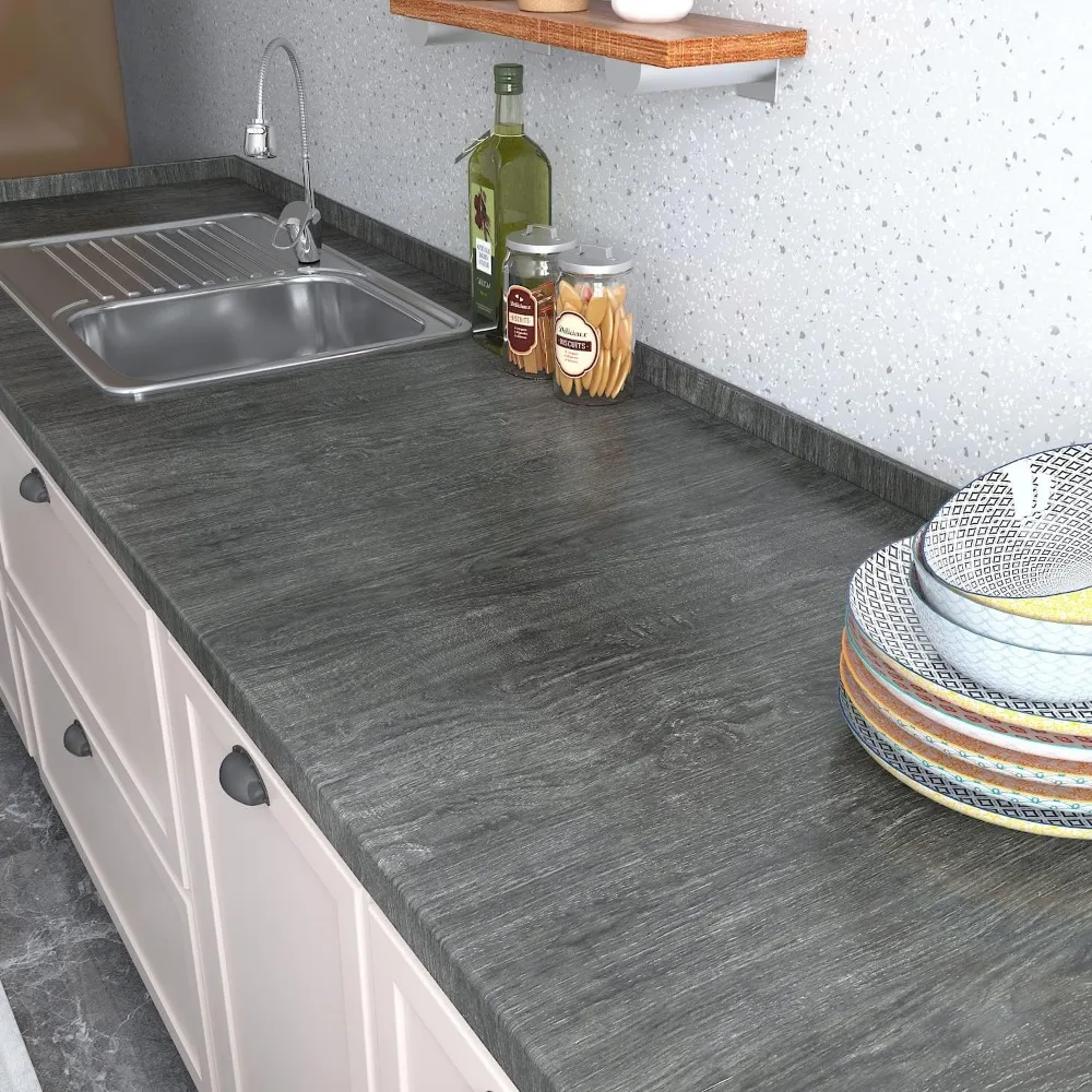 ورق جدران قابل للتقشير واللصق من الخشب الرمادي المزخرف المقاوم للماء للمطبخ، مقاس واسع 32 × 354 بوصة