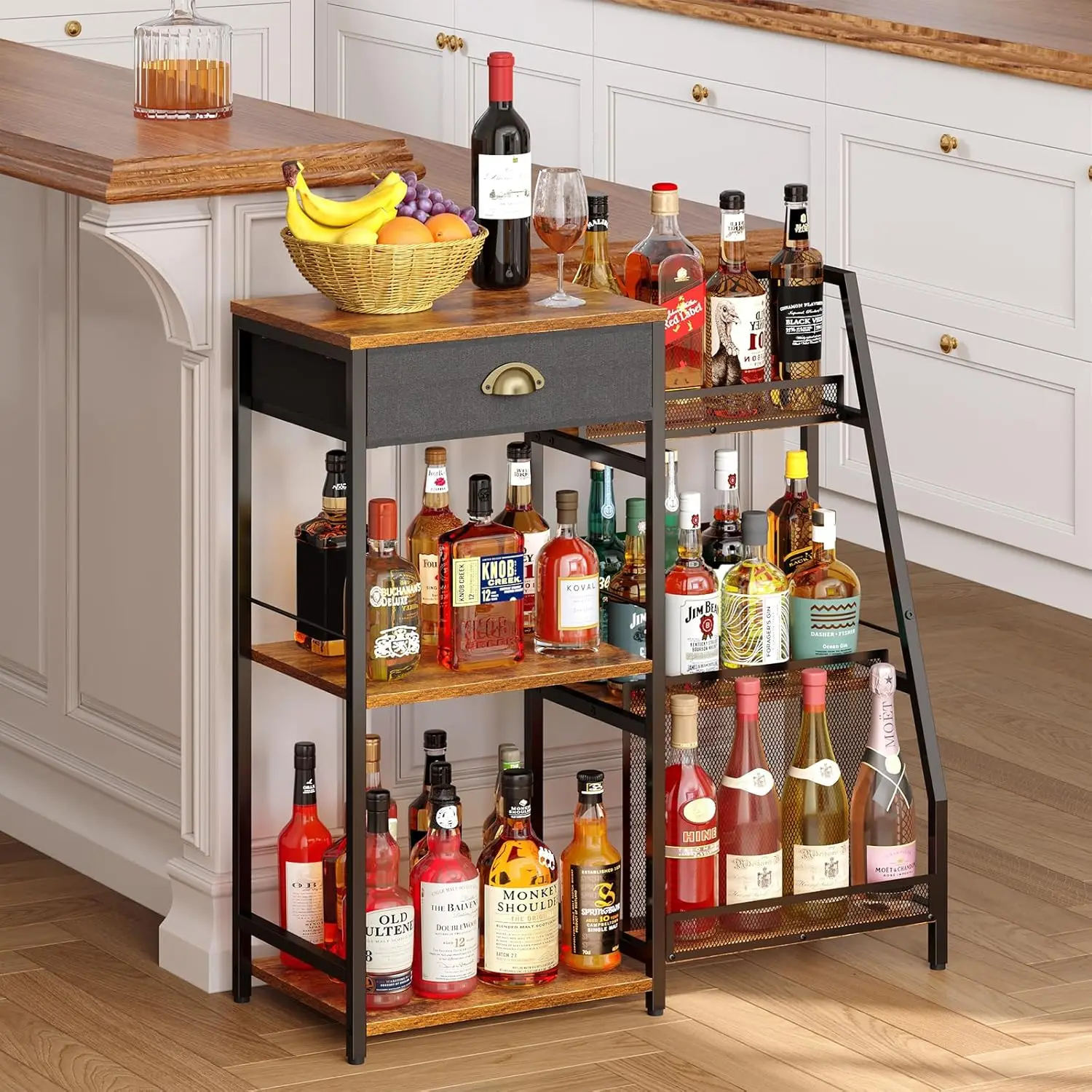 Barra de armário de bebidas para casa com gaveta, rack de vinho de 3 camadas independente e prateleira de vinho com design de degrau para uísque, à venda