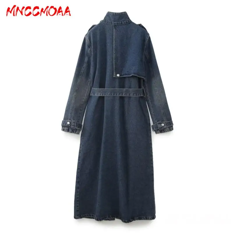 MNCCMOAA 2023 Autumn Women Fashion Loose Lace Up Denim Trench Coat Female Solid Color Casual Long Sleeve Pockets Outerwear