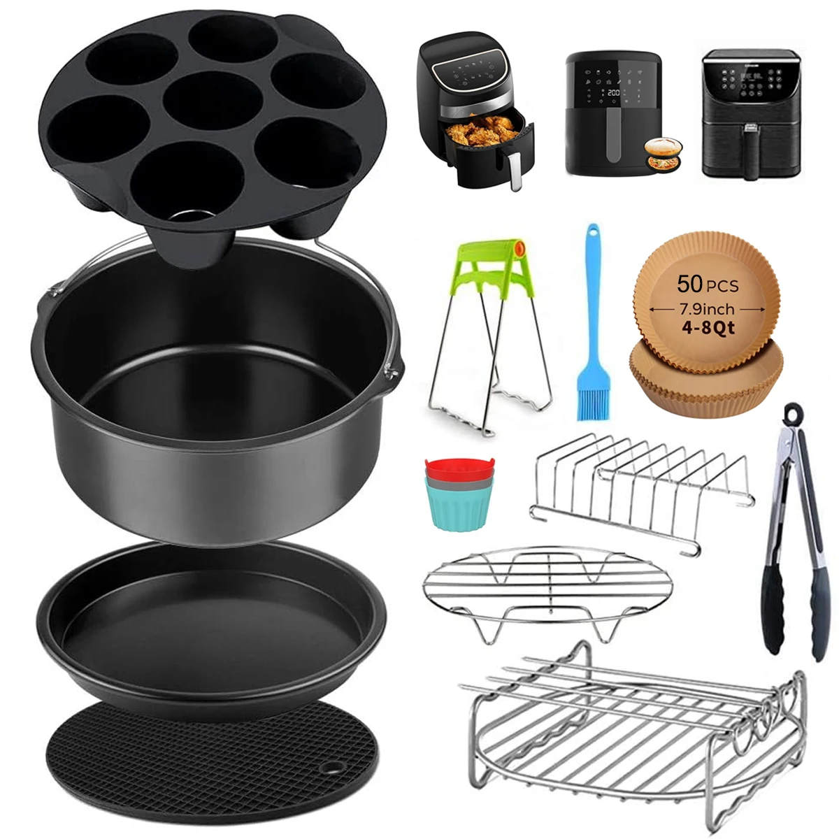 Ensemble d'accessoires pour friteuse à air – 12 pièces compatibles avec les friteuses à air 4, 4,2, 5, 5,5, 5,8 QT Gowise, Cosori, Phis, Ninja, Cozyna