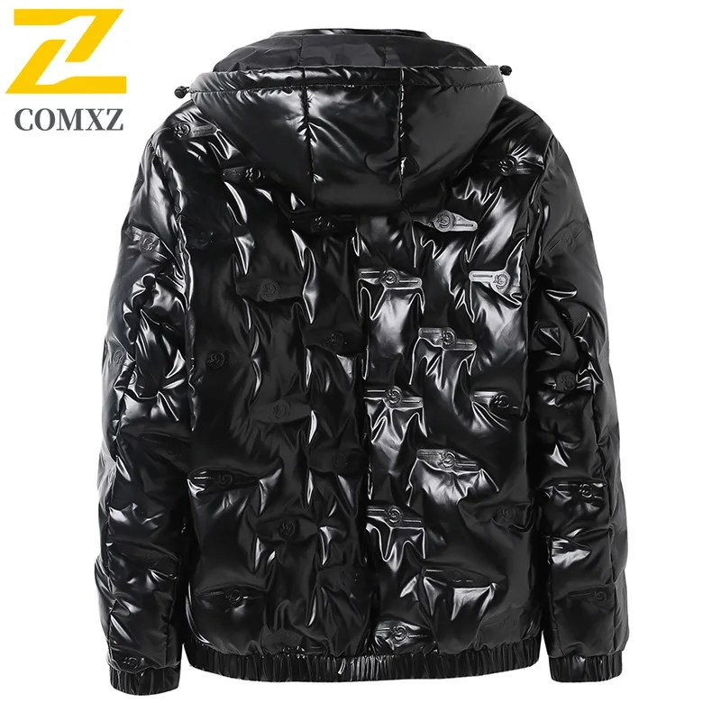 COMXZ Men Solid Color Down Jacket Winter Fleece Lined Thickened Cotton Coat Loose Fit Big Size Wear Gray Duck Down Padded Coat