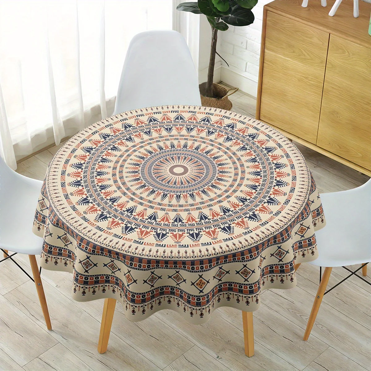 One vintage ethnic mandala print tablecloth, 62 inches in diameter, 100% polyester woven