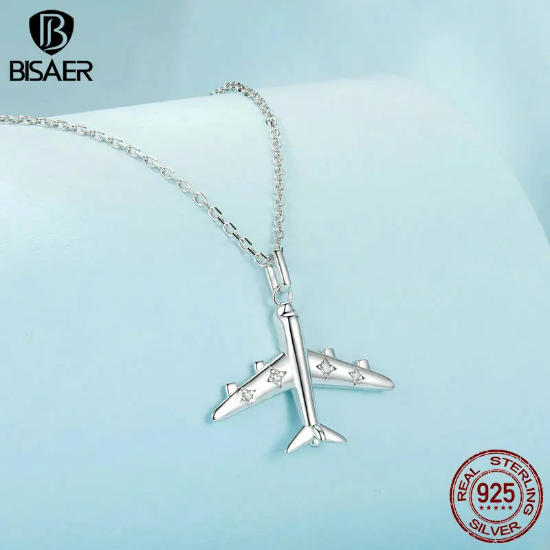 BISAER 925 Sterling Silver Airplane Pendant Necklace  Sparkly Zircon Adjustable Chain for Women Plated White Gold Fine Jewelry