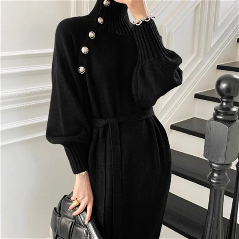 Turtleneck Buttons Lace-up Autumn Winter Elegant Dresses for Women Robe Sweater Maxi Dress Female Thick Knitted One-piece Dress