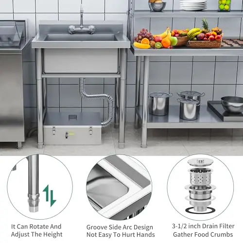 

29 Inch Adjustable Height Freestanding Stainless Steel Utility Sink Single Bowl With Arc Groove Edge And 3-1/2 Inch Strainer