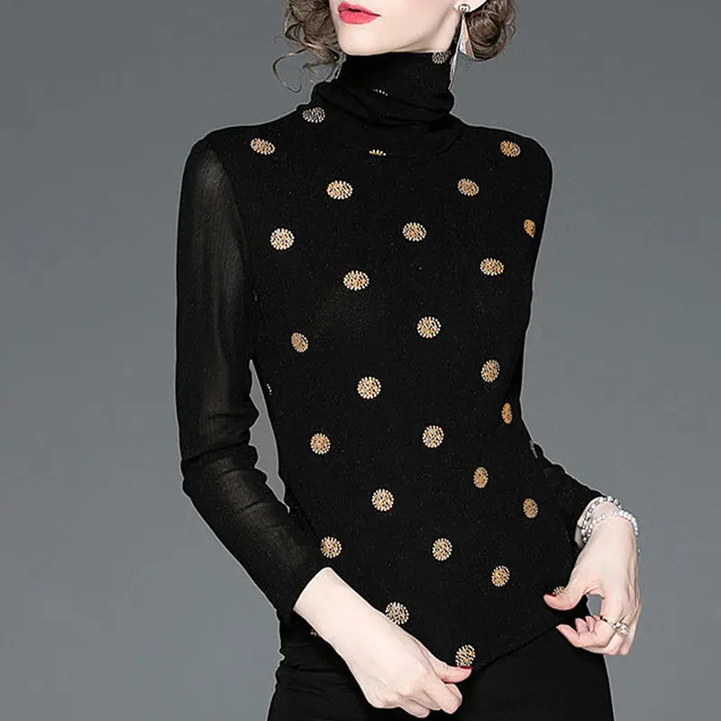 New Autumn and Winter Women\'s Solid Color Turtleneck Long Sleeve Lace Gauze Classic Pullovers Polka Dot Trendy Comfortable Tops