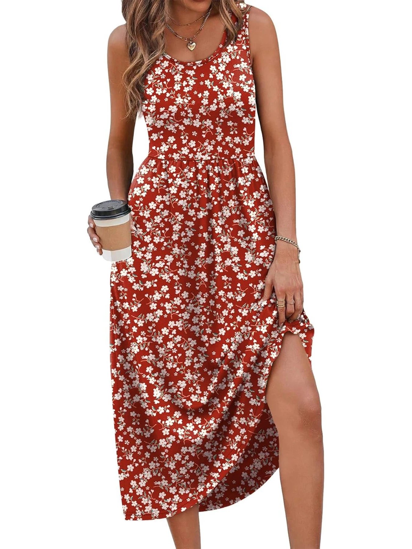 2026 Sommer Neue Kleider für Damen Bedrucktes Lässiges Midikleid Modisches Ärmelloses Rundhals-Strandkleid mit Taschen – Detail 19
