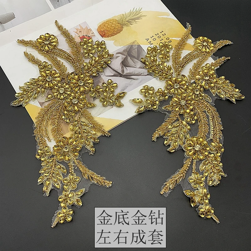 Newest Gold Diamond Rhinestone Applique Crystal Patches Sew On Motif Wedding Gown Bridal Sash Evening Wear For Decoration