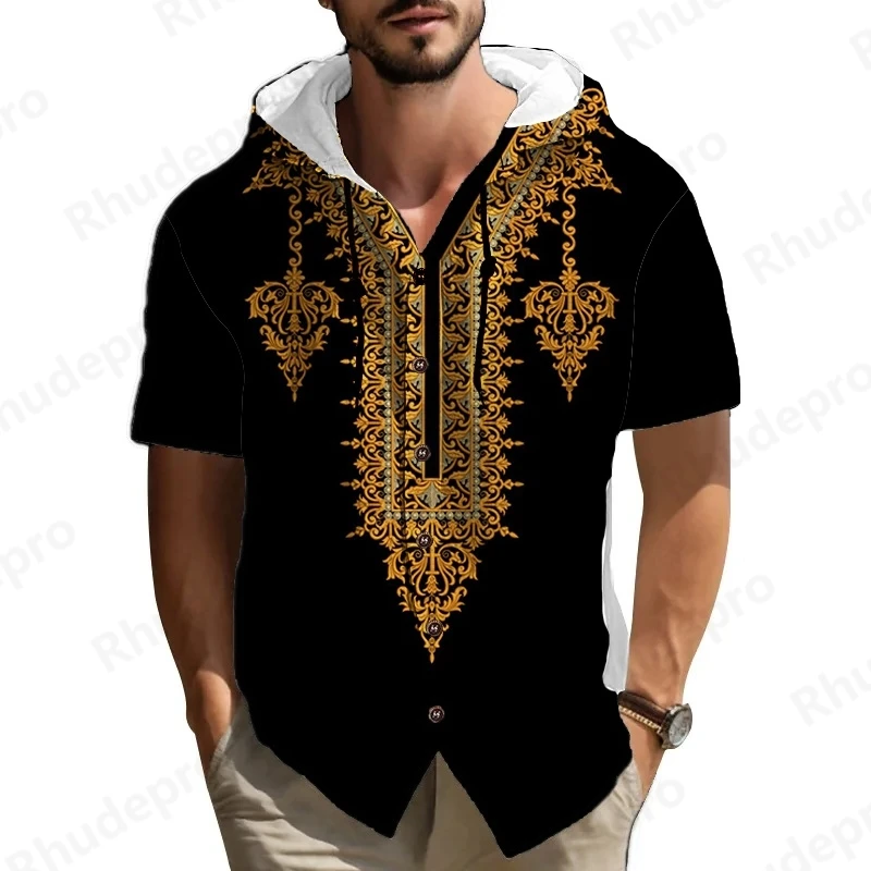 

Лето 2023, однобортные рубашки с капюшоном в национальном стиле, повседневный кардиган с короткими рукавами и пуговицами Herren Sommerhemd