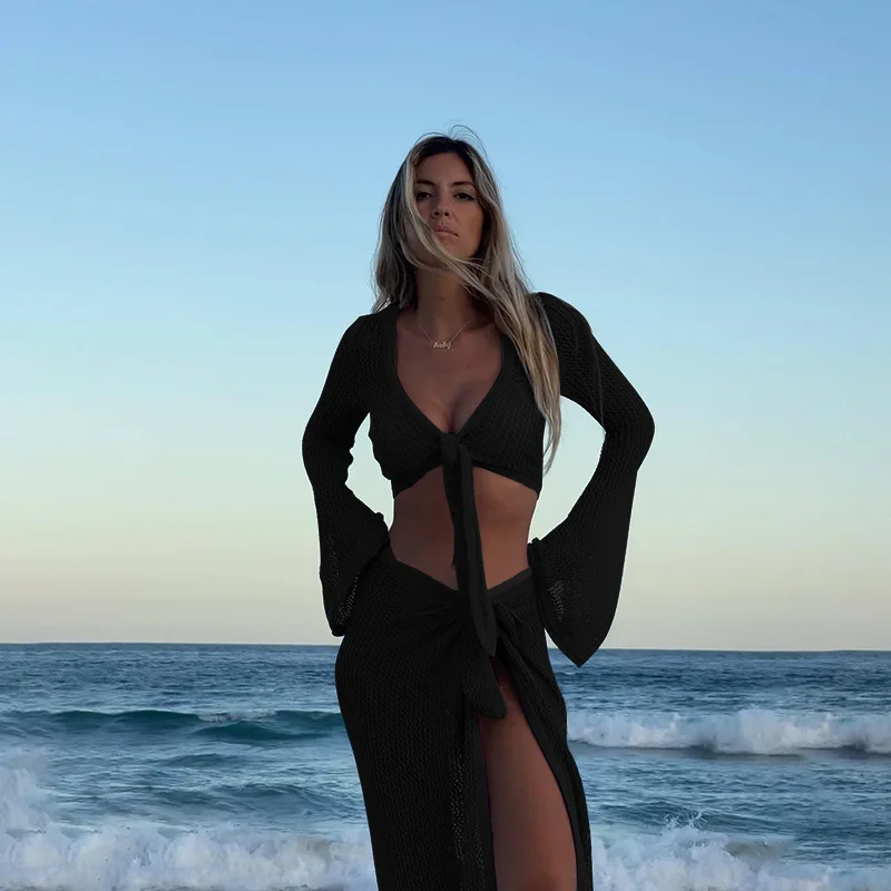Sexy Hollow Out Knitted Crochet Skirt 2-Piece Set For Women Beach Cover Up Resort Long Sleeve Wear Summer Outfits Vacation