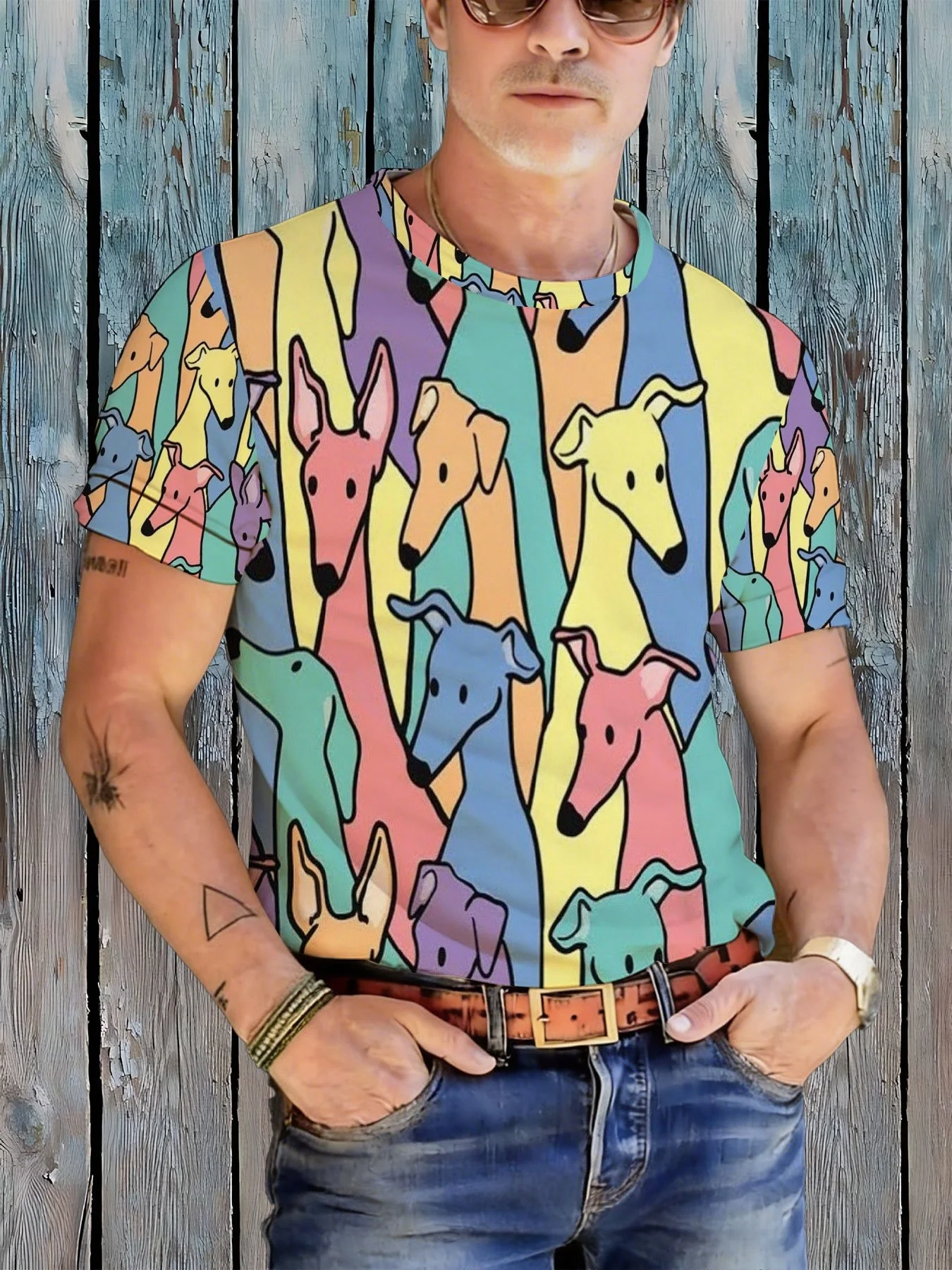 Men's Colorful Cartoon Greyhound Dog All Over Print T Shirt Cute Sighthound Line Art Short Sleeve Casual Summer Tee
