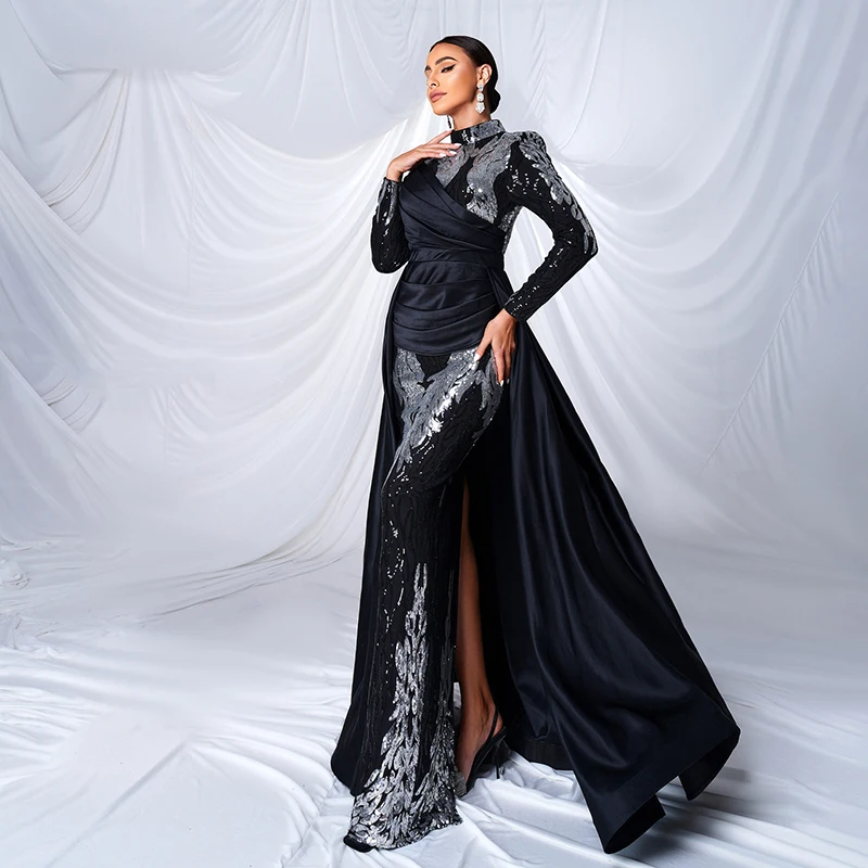 Women Performance dress Long Sleeve O Neck Black Silver Sequins Ball Gown Cocktail Prom Formal Occasion Dresses