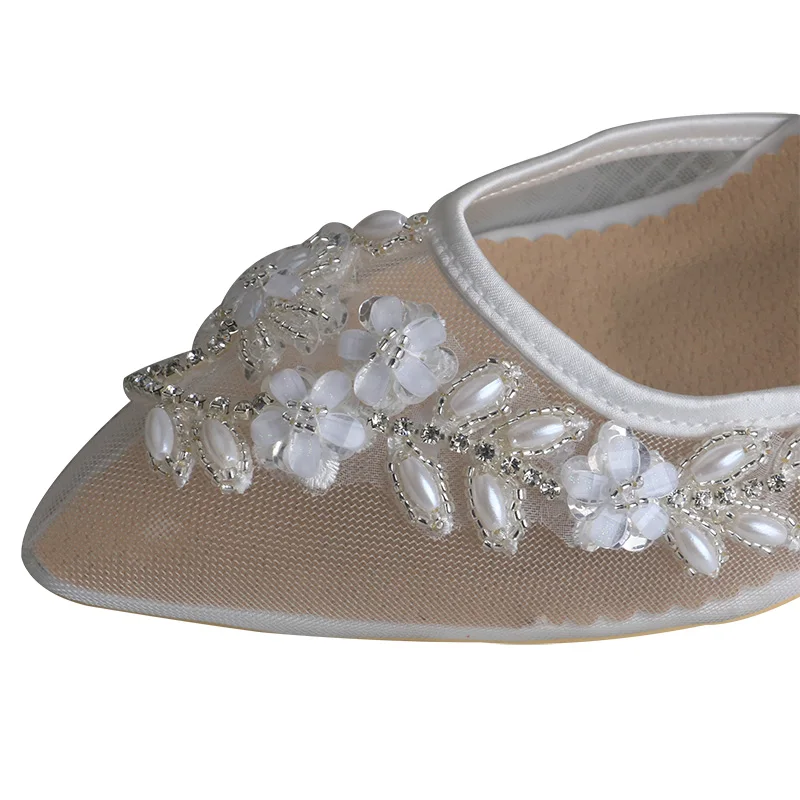 Wedopus Customized Wedding Woman Shoe Ivory Mesh with Pearl Rhinestone Applique Pointed Toe Bridal Shoes Lace-up