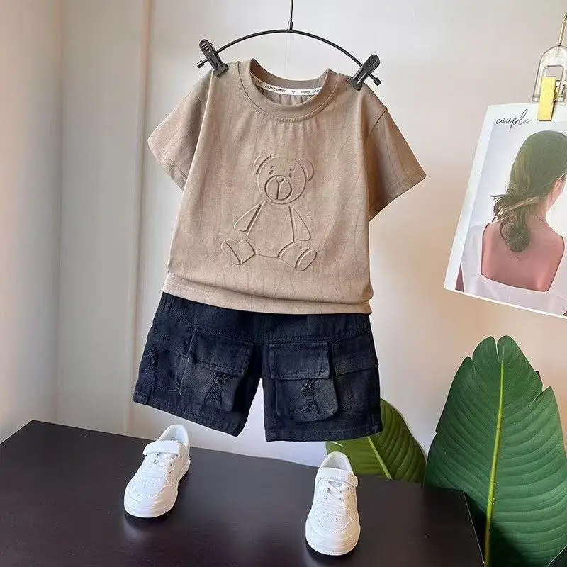 

Boys' Summer Handsome Set New Fashionable and Western Style Children's Cartoon Summer Short Sleeve Two Piece Set Kids Outfits
