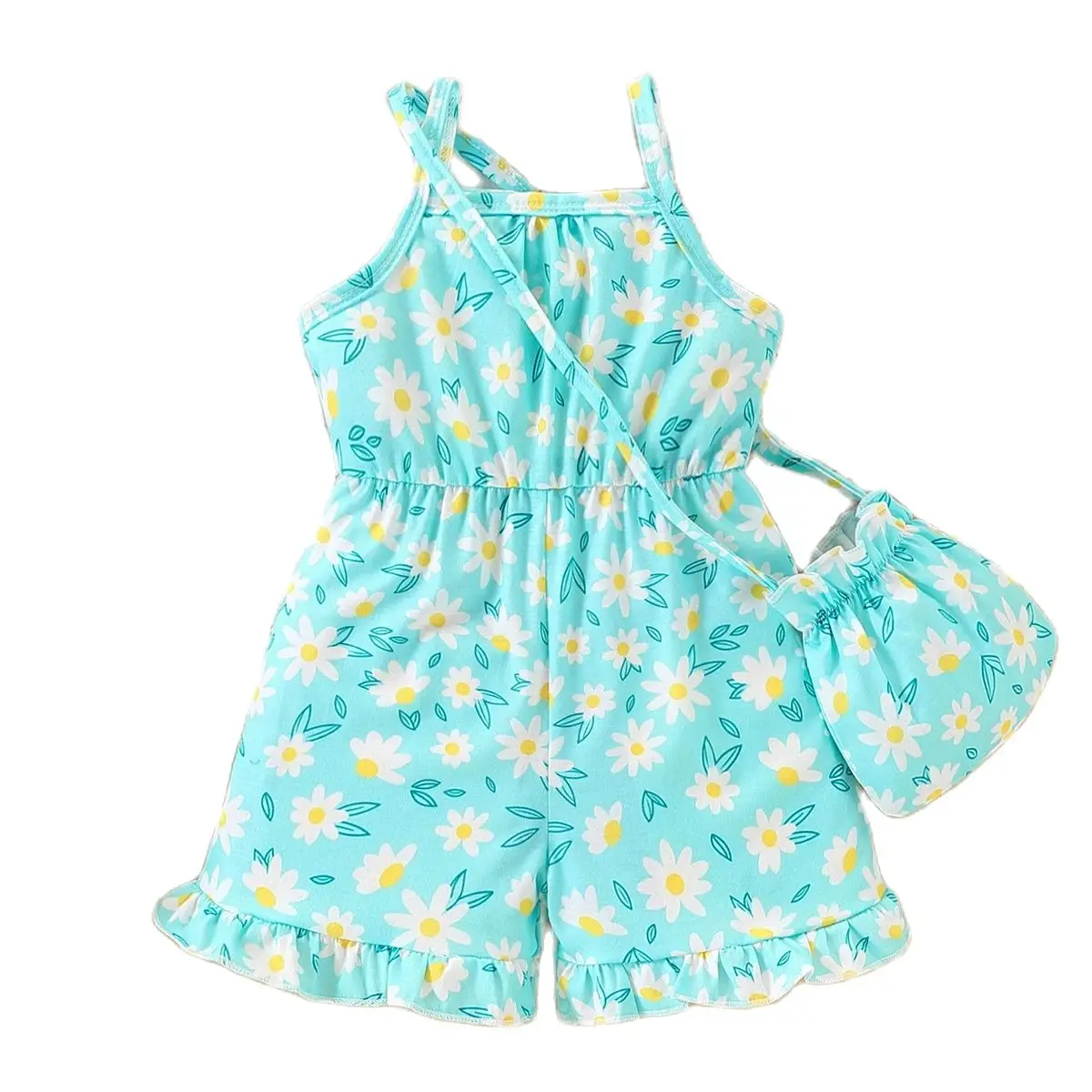 Baby-Mädchen, modischer, lässiger Overall mit Blumenmuster, bedruckt über den gesamten Körper, mit Trägern (inklusive Tasche, aber ohne Schuhe), Sommer – Detail 7