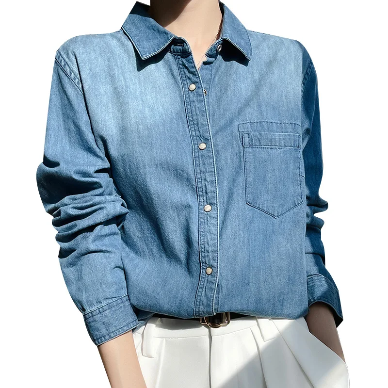 Women Long Denim Shirt Long Sleeve 100% Cotton High-quality Casual Long-sleeved Shirt Solid Color Classic Cotton Plus Size Top