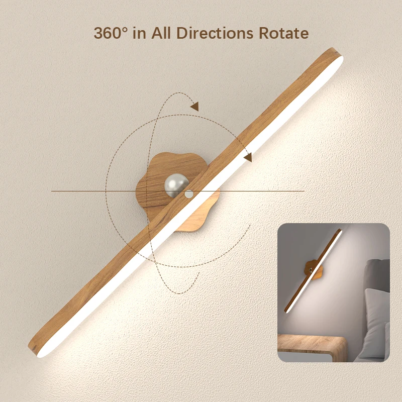 Rotating Magnetic Wall Lamp, No-Drill 360° Rotation Bedside Light, Wood Grain LED Reading Light, Warm White/Cool White